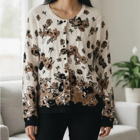 Charter Club Floral Sweater Blouse in Cream Brown Black - Picture 2 of 8